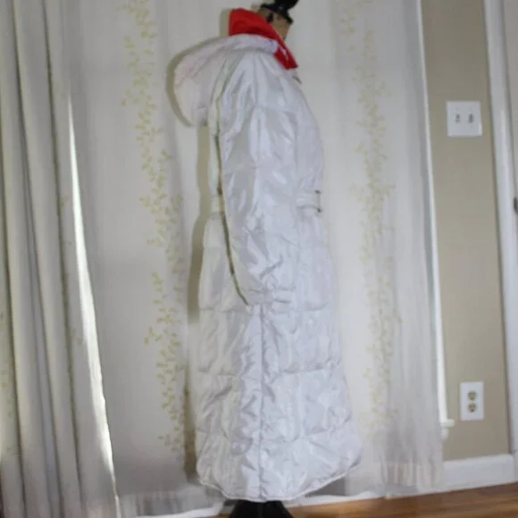 Vintage Sans Egal Sportcaster Hooded Gray Red Long Goose Down Coat Women's M - Picture 3 of 16